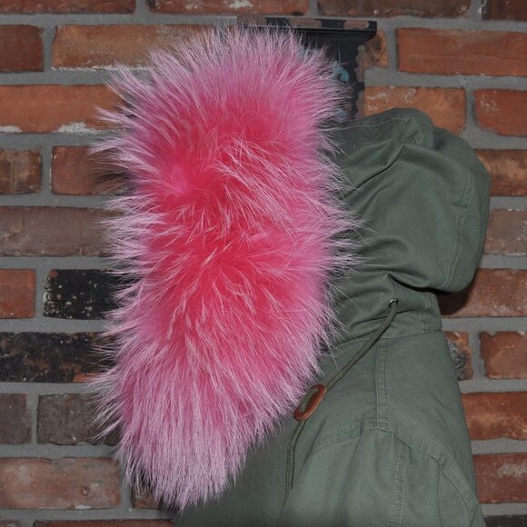 Green Parka Pink Raccoon Fur Trim, Faux Fur Lining M - Picture 10 of 14